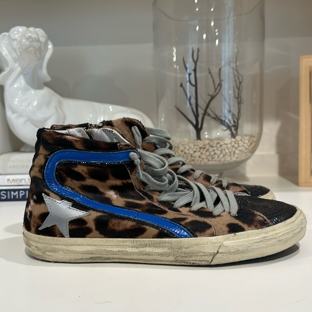 Golden Goose pony style calfskin leopard fur Slide sz 40